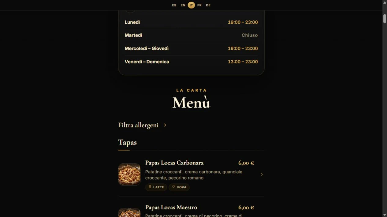 Menu e orari pubblici di Maestro